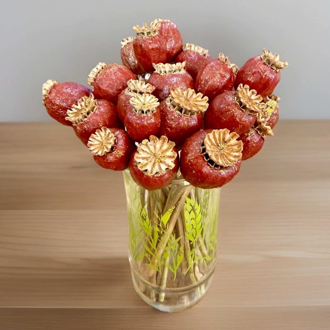 Dried Seed Pods Bouquet Floral Arrangement Centerpiece Decor with VTG GLASS 22