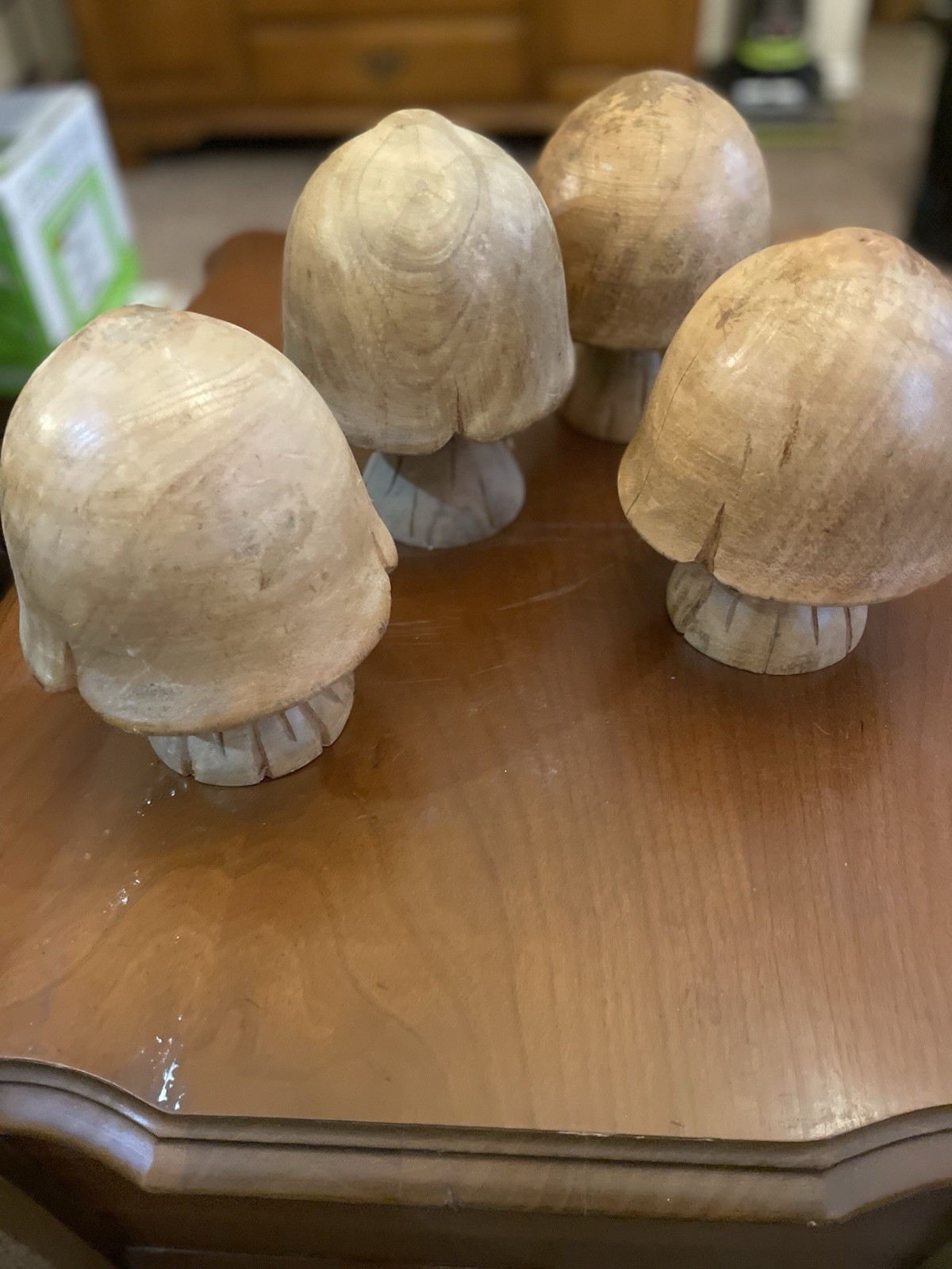 4 Hand Carved Wood Mushrooms Roughly 6x5in. 1.2 Lbs Each