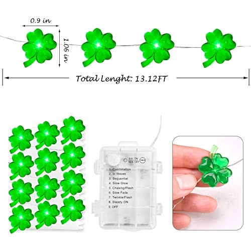 St Patricks Day Decorations 3D13Ft 50LED Shamrock String Light, St Green