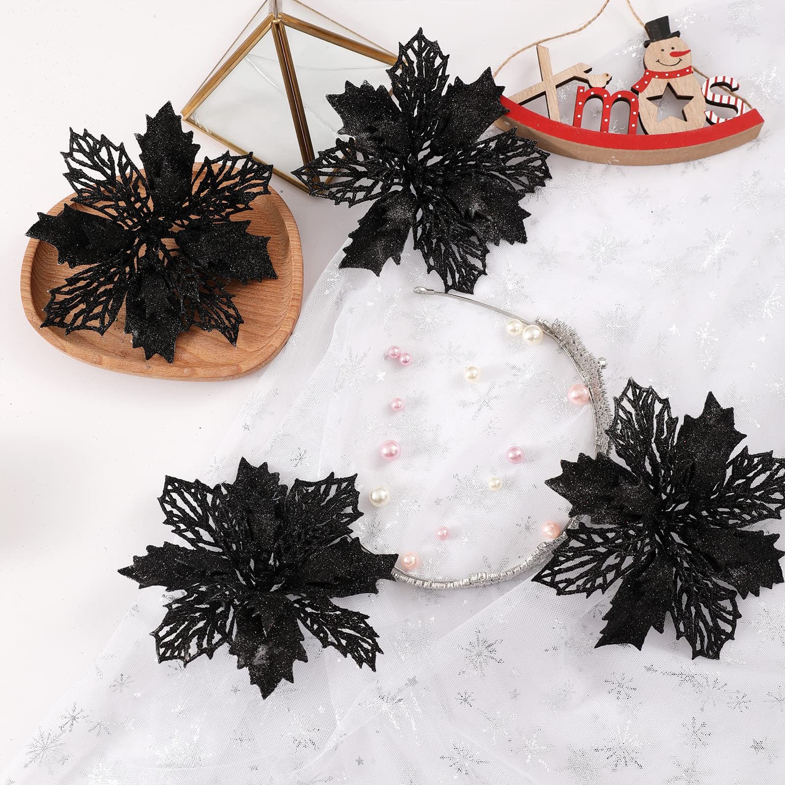 16 PCS Black Glitter Artificial Poinsettia Christmas Tree Flowers Ornaments