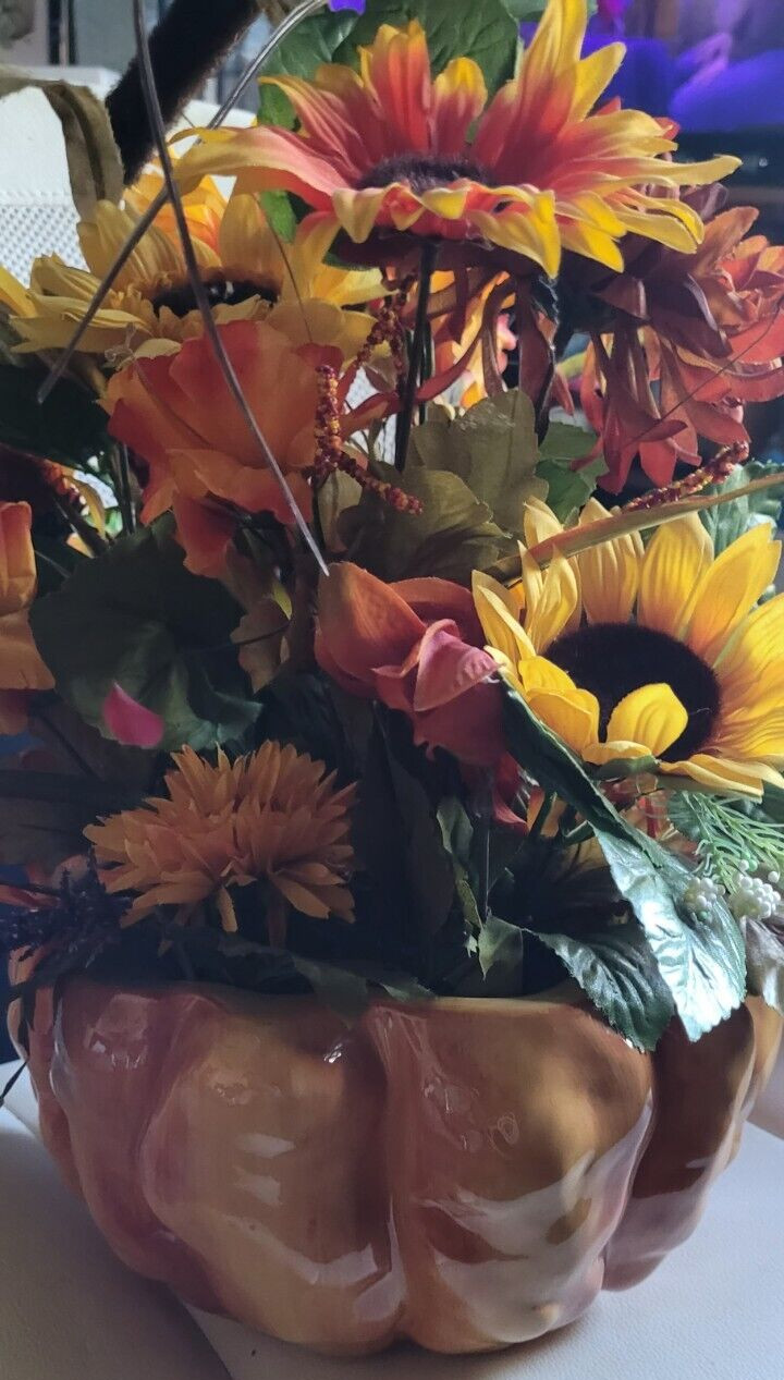 Fall Centerpiece Sunflowers Cattails Ceramic Pumpkin Flowers Tabletop Decoration
