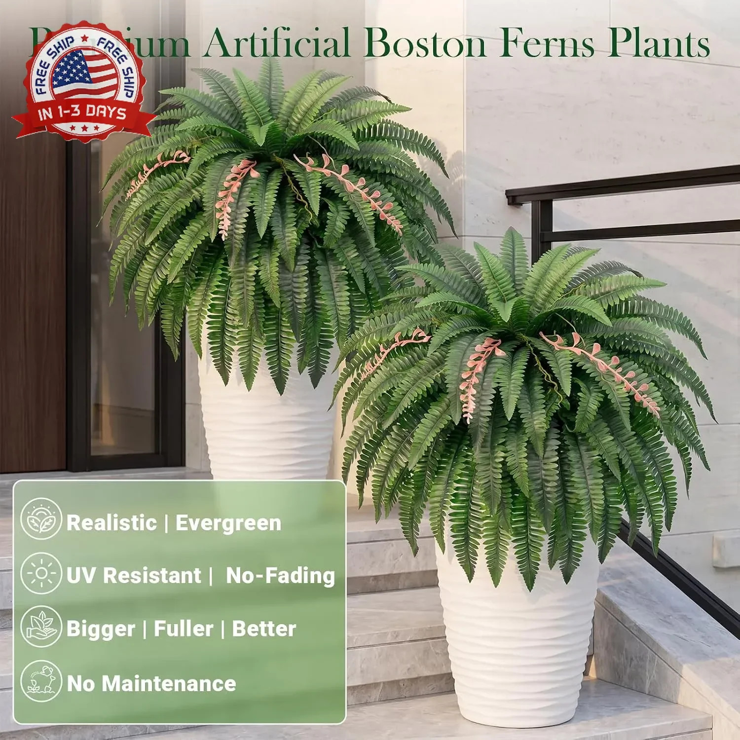 49″ Artificial Ferns for Outdoors,2 Boston Fake Ferns with 98 Pronds,UV Resistan