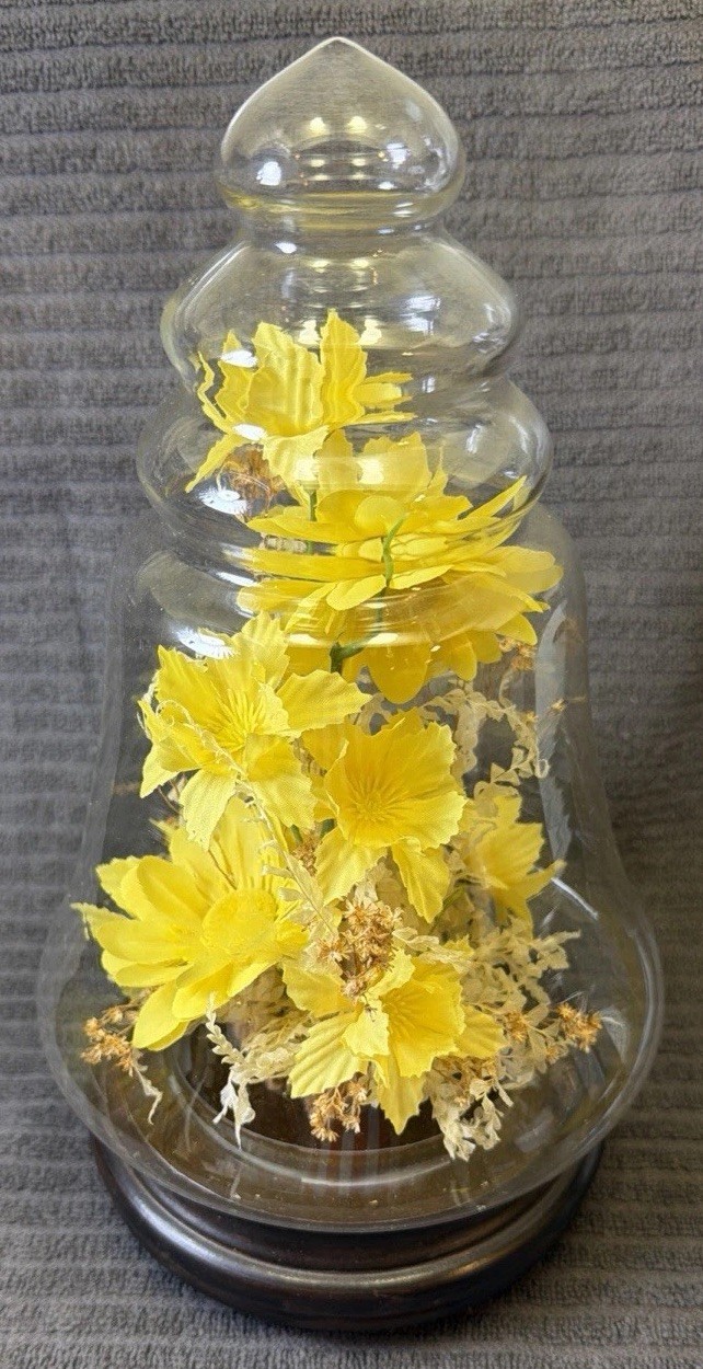 11” MCM Vintage Glass Bell Jar Dome with Yellow Floral Arrangement on Wood Base