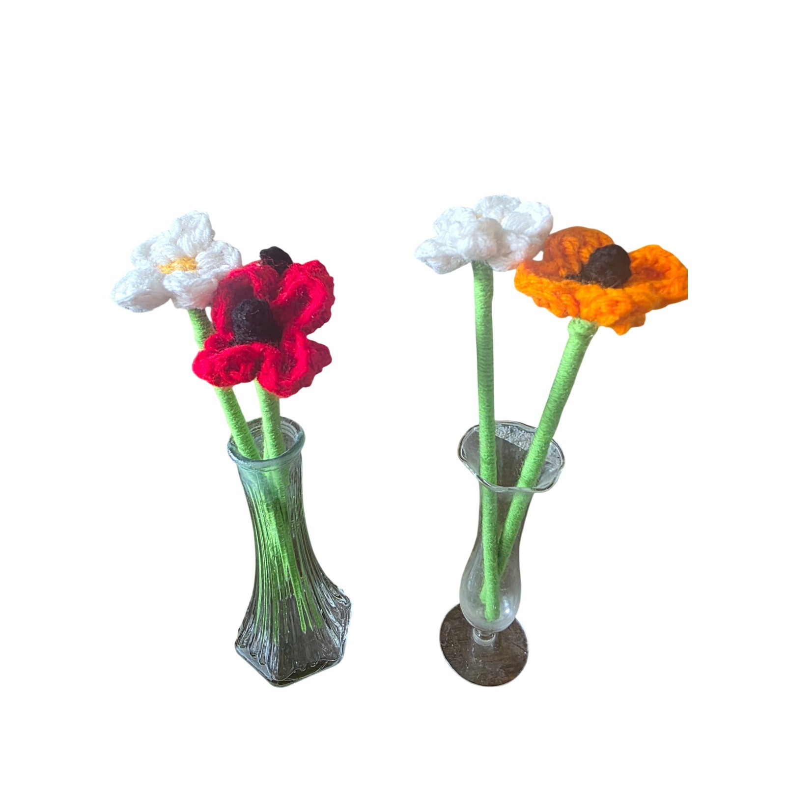 Handmade Crochet Flower Bouquet 5 Stems Red Orange White Floral.