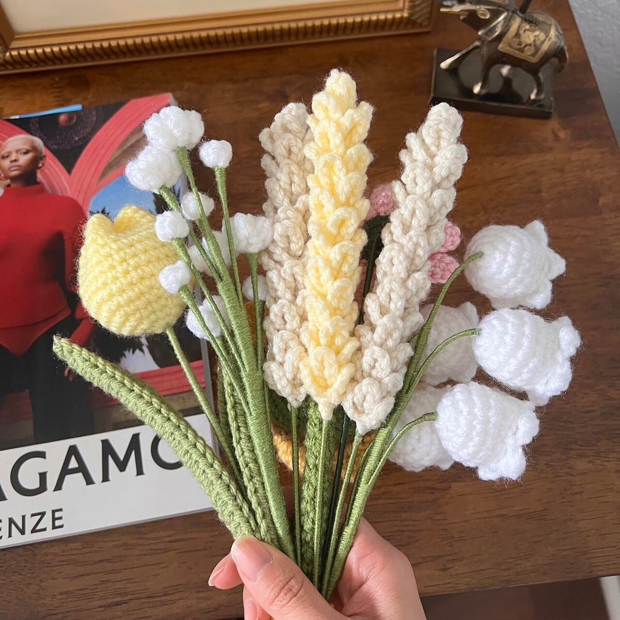 Handmade Crochet Knitted Lavender Daisy Tulip Sunflower Bell Flower Bouquet