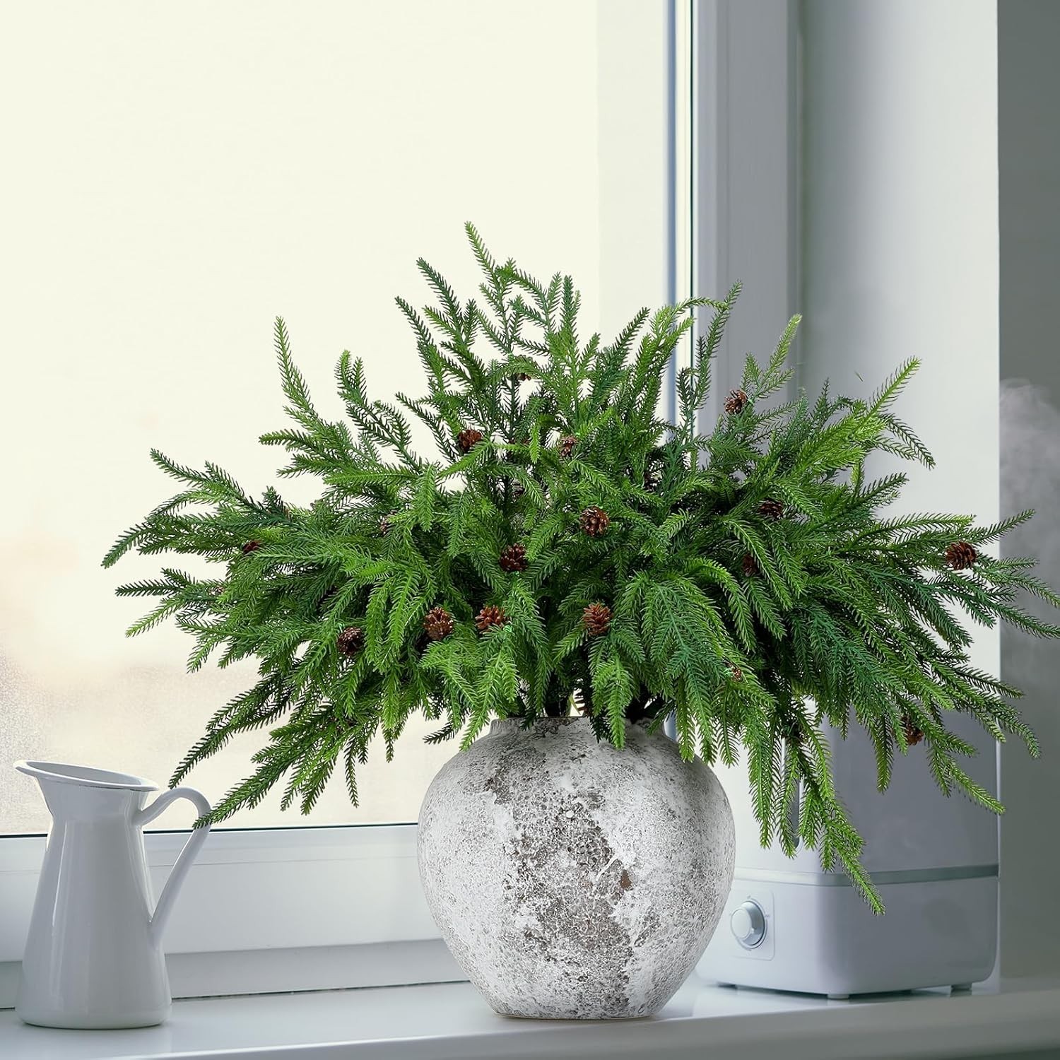 Set of 10 Realistic Norfolk Pine Branches with Cones for Elegant Holiday Styling
