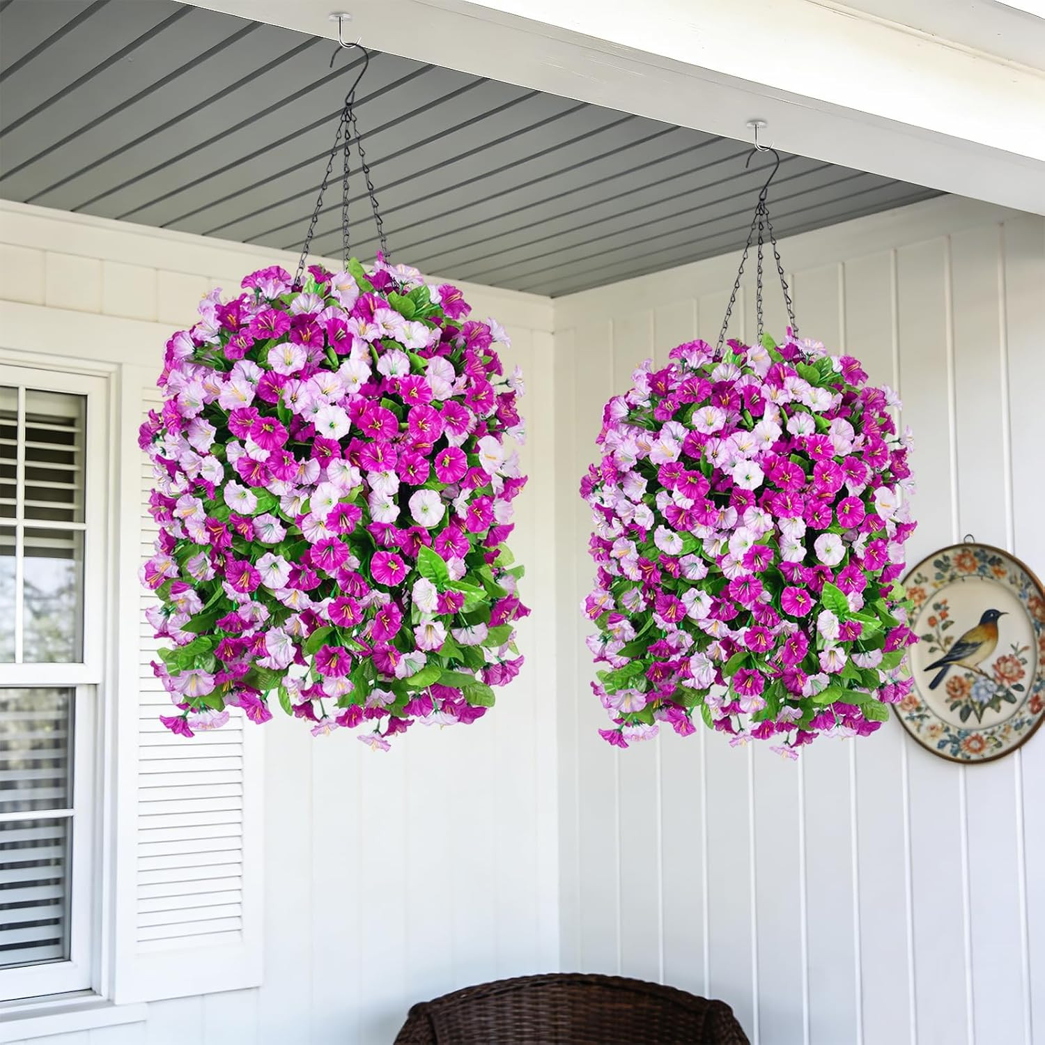 Artificial Flowers with Hanging Basket, Outdoor Faux Plants Silk Morning Glory V