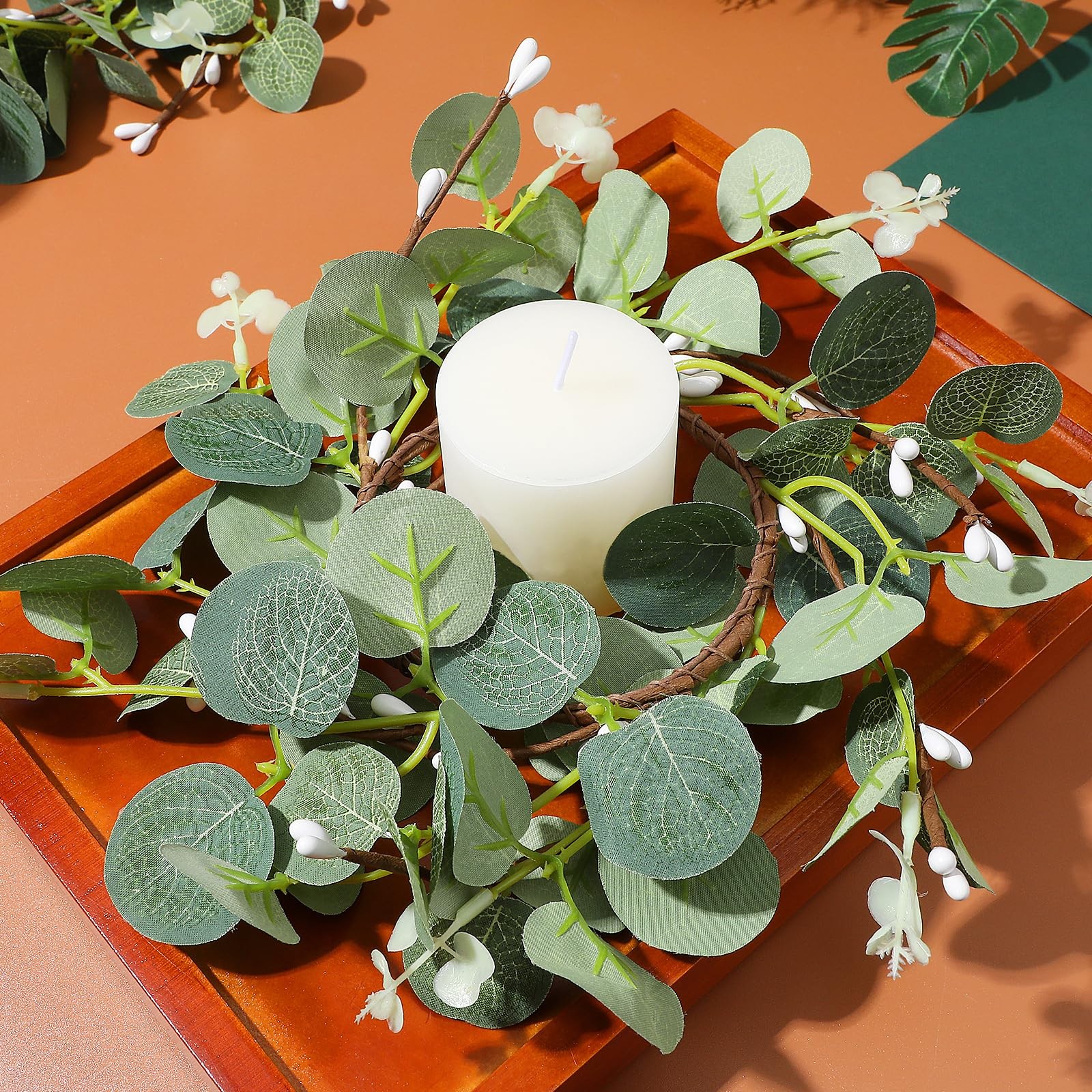 2 Pack Candle Rings Wreaths, Artificial Eucalyptus Leaves Candle Rings, Green Le