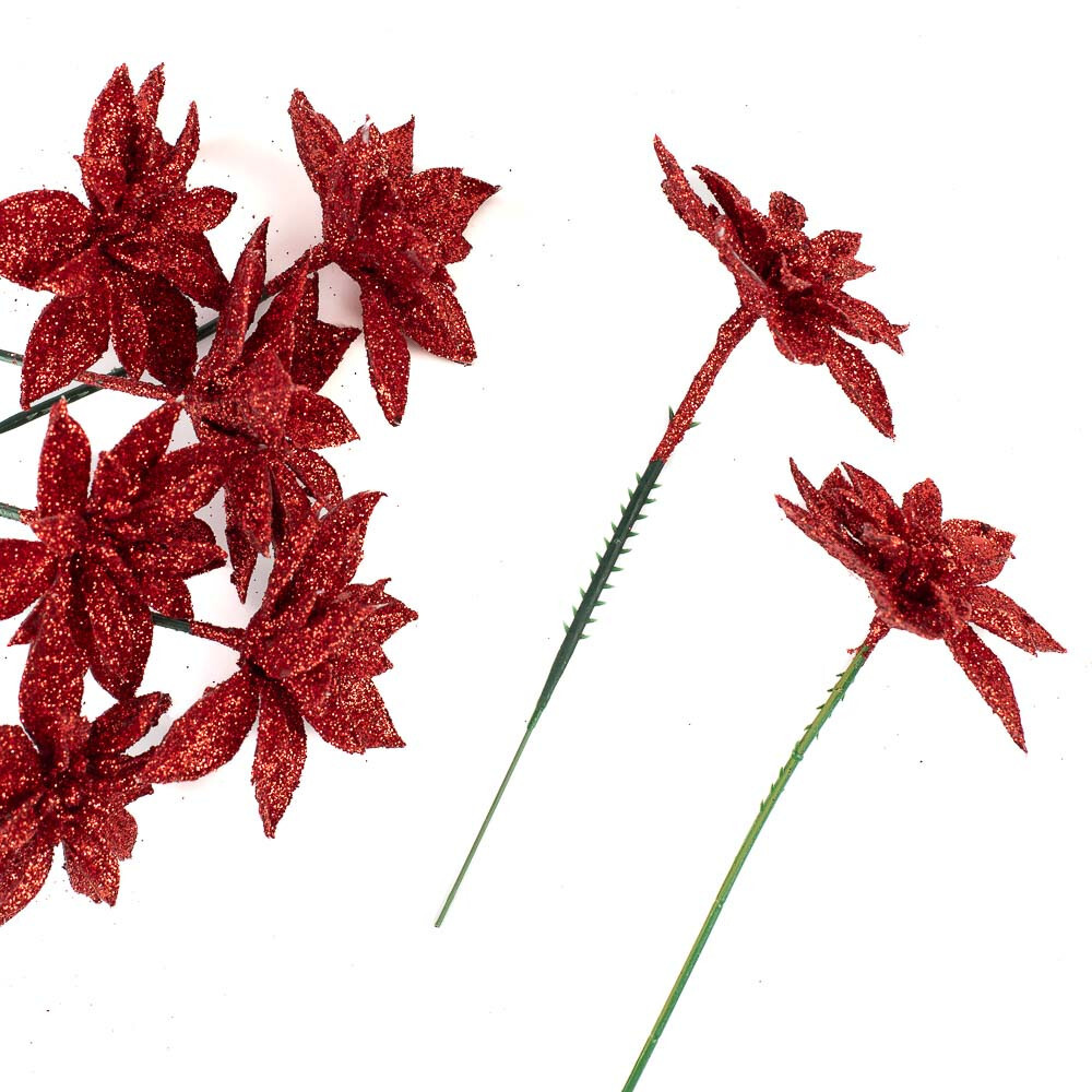Bulk Lot of 24 Christmas Red Glitter Artificial Poinsettia 6″ Stems