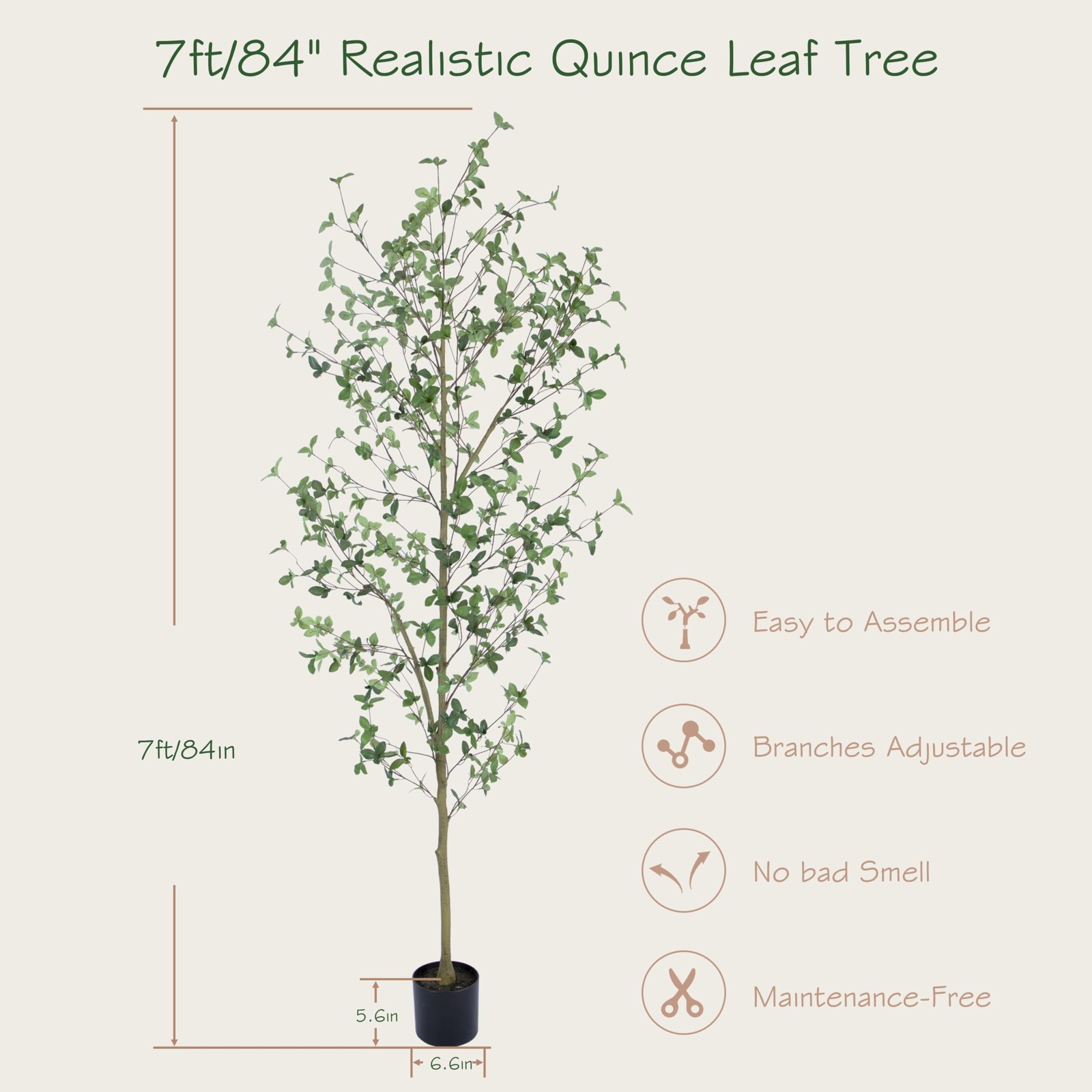 Bellacat 7ft Artificial Quince Leaf Tree Realistic Trunks, 84in Faux Quince