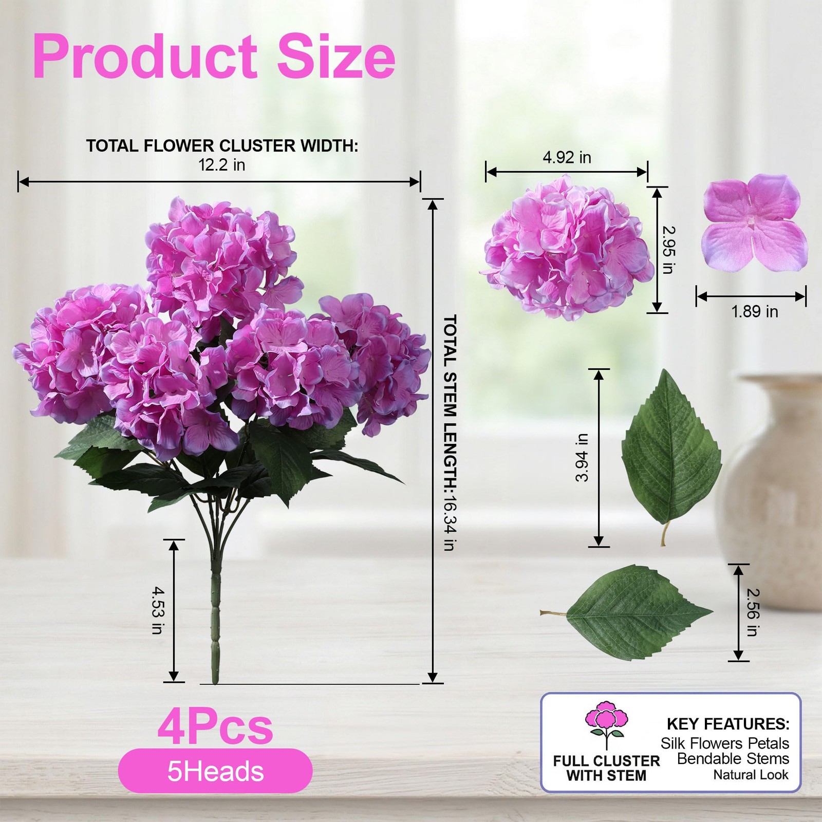 Artificial Hydrangea Flowers 18″ Tall Purple Fuchsia – UV Resistant Faux Plants