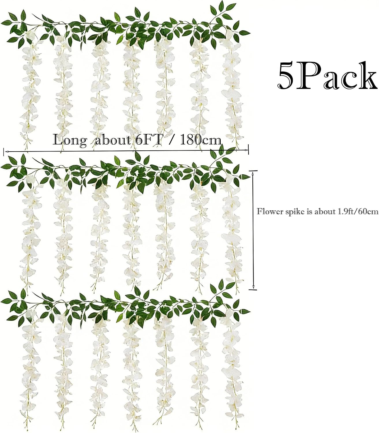 White Artificial Wisteria Garland – 1 Pcs 6Ft UV Resistant Silk Hanging Flower V