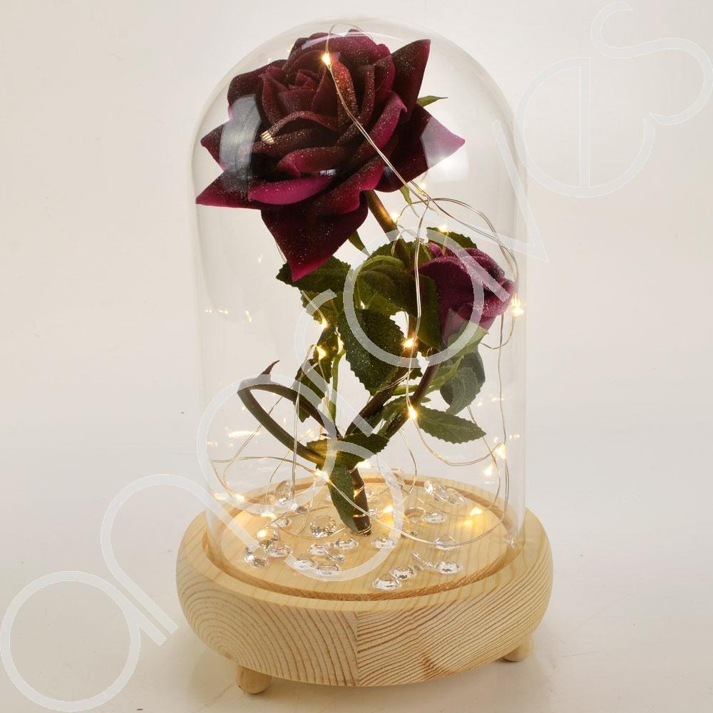 Bella Pink Handmade Enchanted Rose & Rosebud in Glass Dome Bell Jar with LED Lig