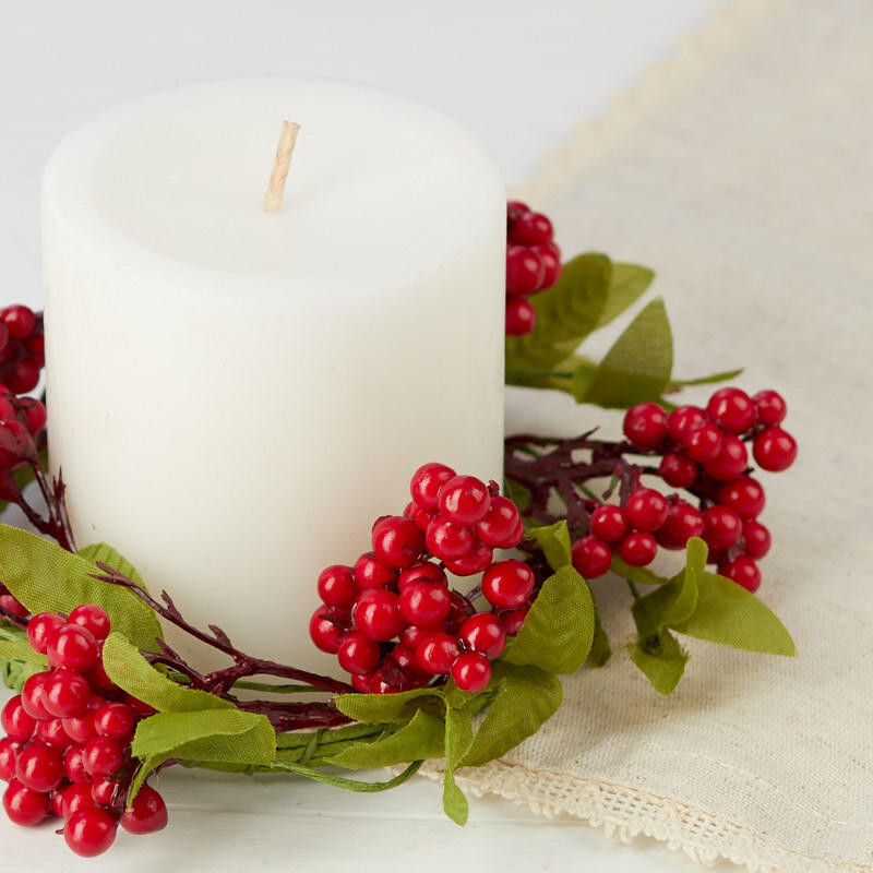Bulk Lot of 12 Red Berry Cluster and Green Leaf 5-1/2″ Candle Rings