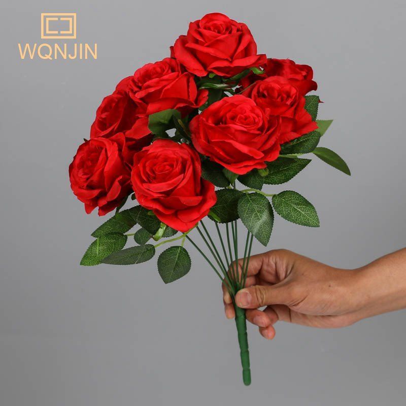 9 Artificial Rose Heads Big Bouquet Silk Flower Bunch – DIY Wedding Party Decor