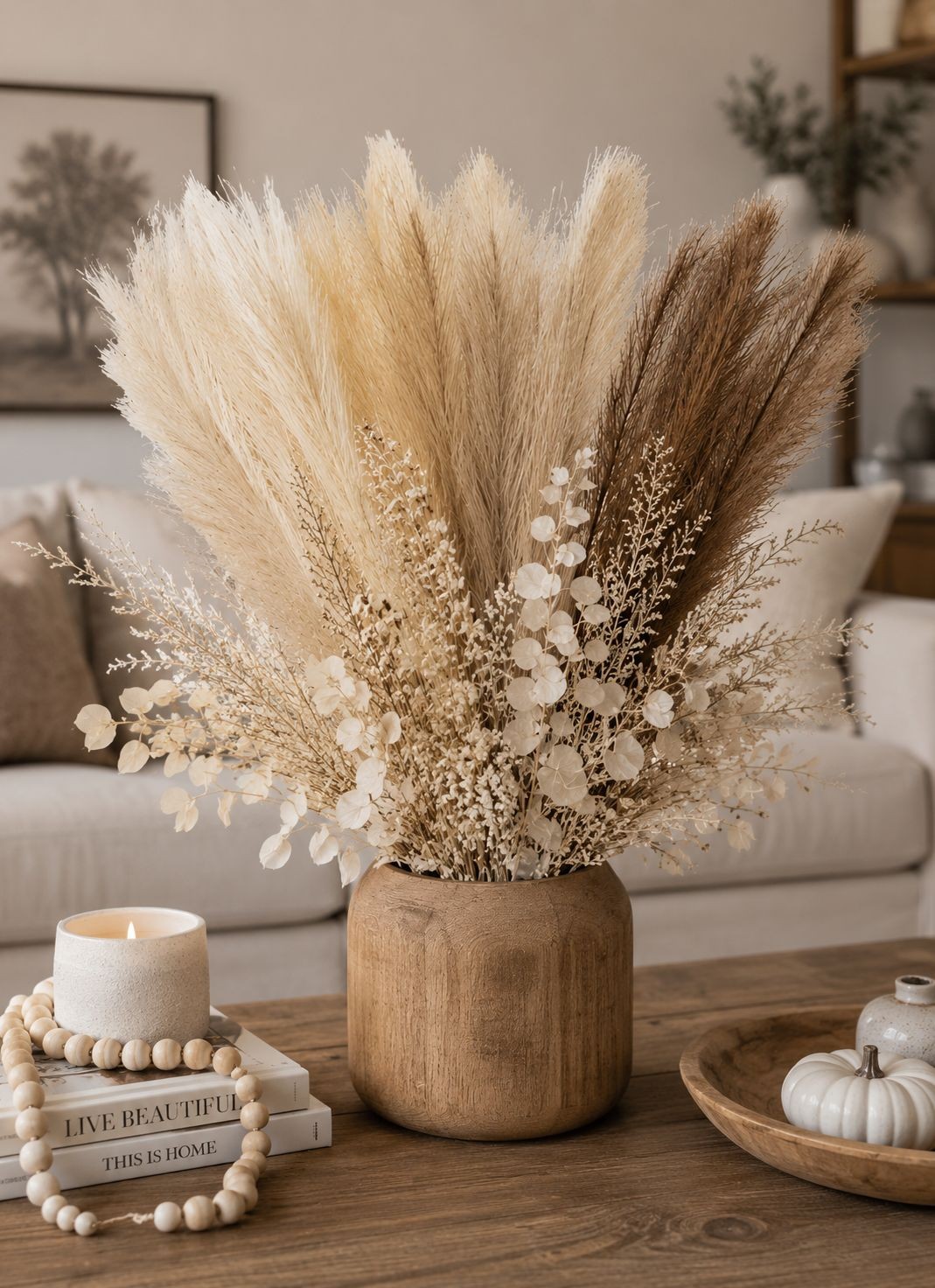 42 Piece Faux Pampas Grass Set Neutral Pampas Stems Beige Cream Taupe Brown Boho