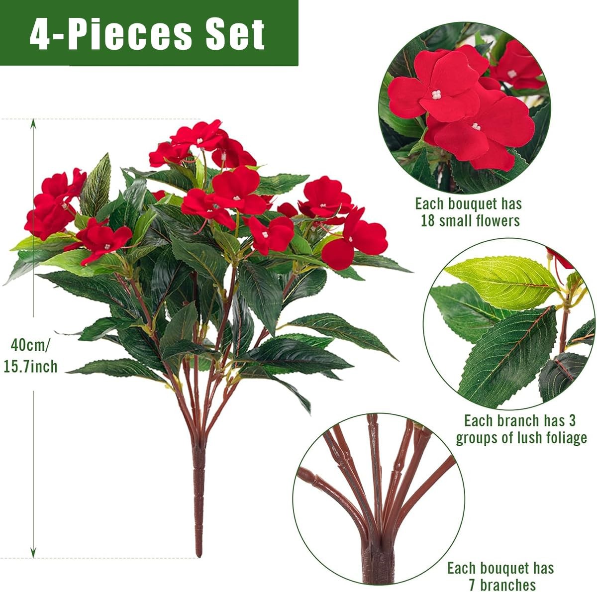 4 Pcs Artificial Impatiens Fake Flowers Bouquet for Outdoor Decor UV Resistan…