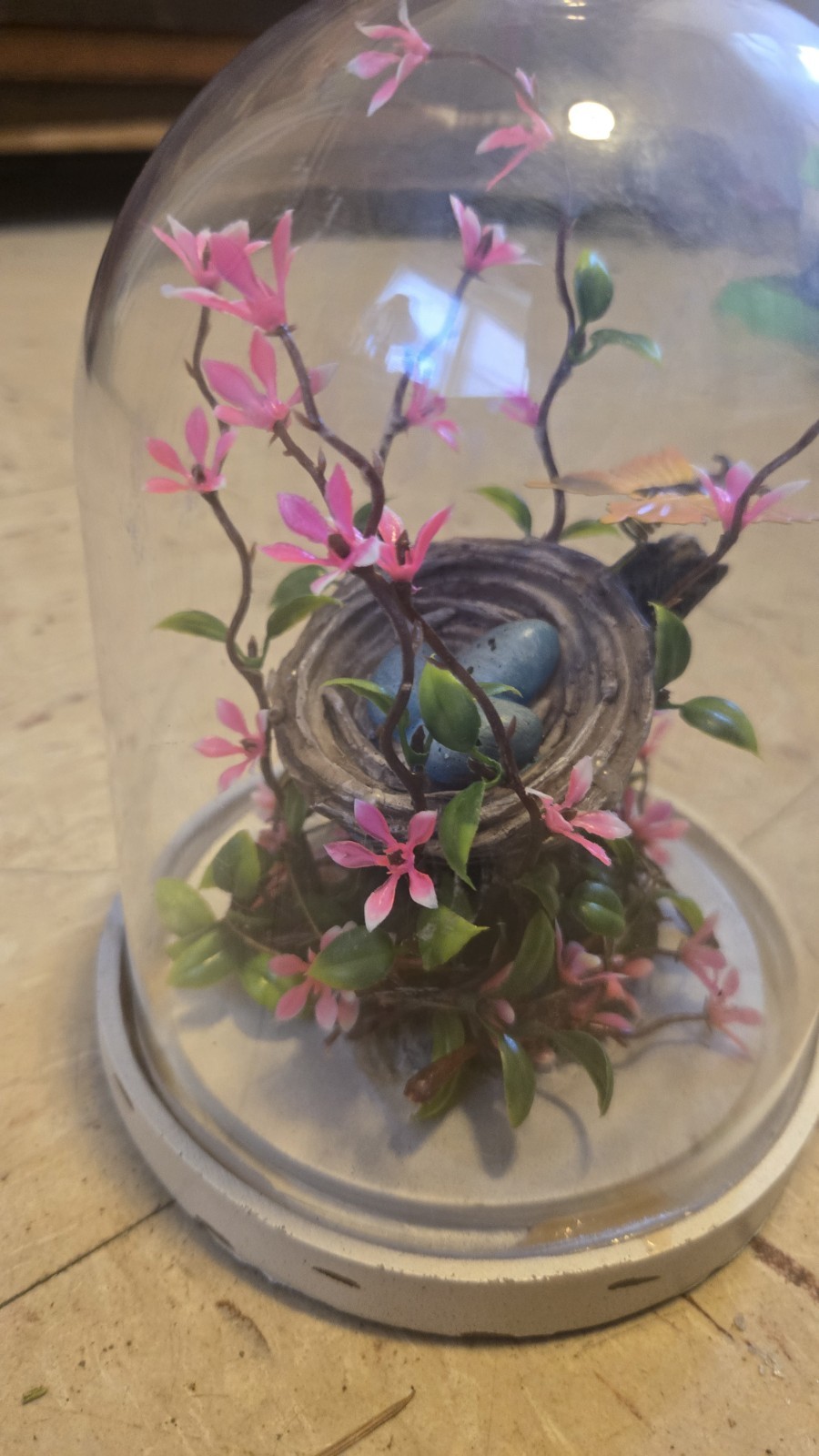 Artificial Floral Arrangement Glass Dome with Bird Nest, Eggs, Butterfly, Pink …