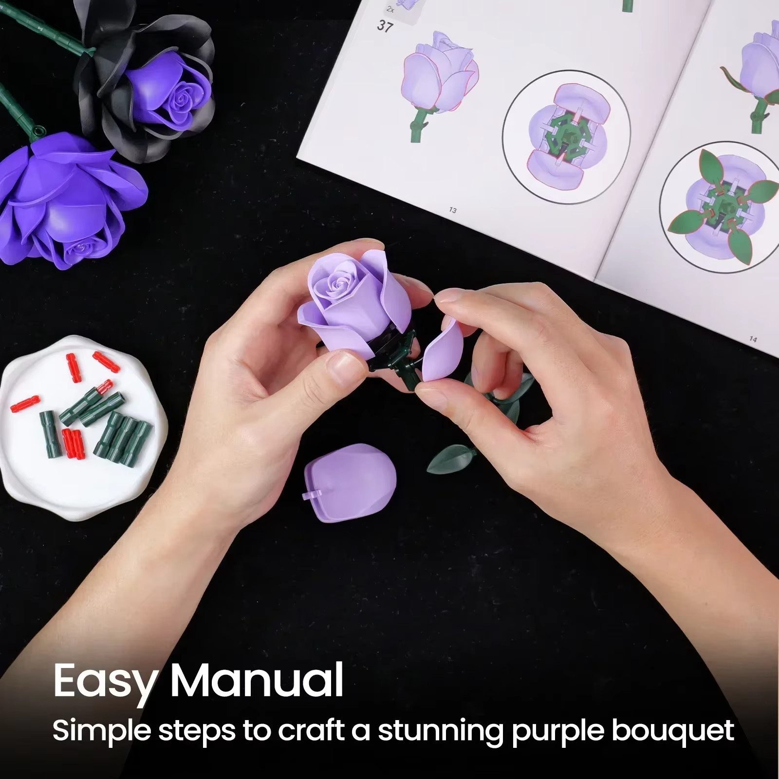 Purple Rose Botanical Building Block Set,Gothic Decor Artificial Rose Flower