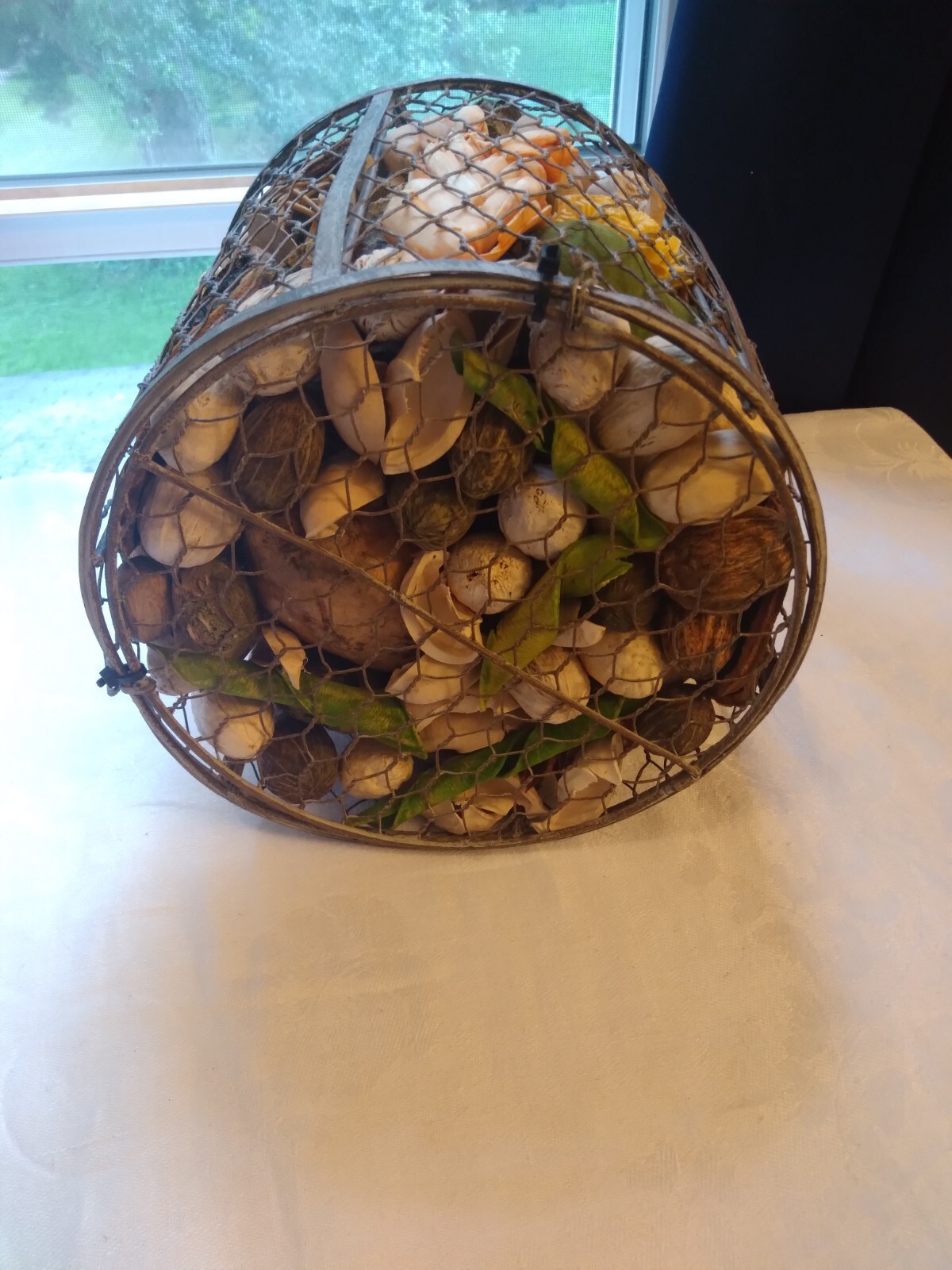 Bird Cage Filled With Gourds, Nuts, Pinecones, Dried Fruit, Twin Balls, Flowers