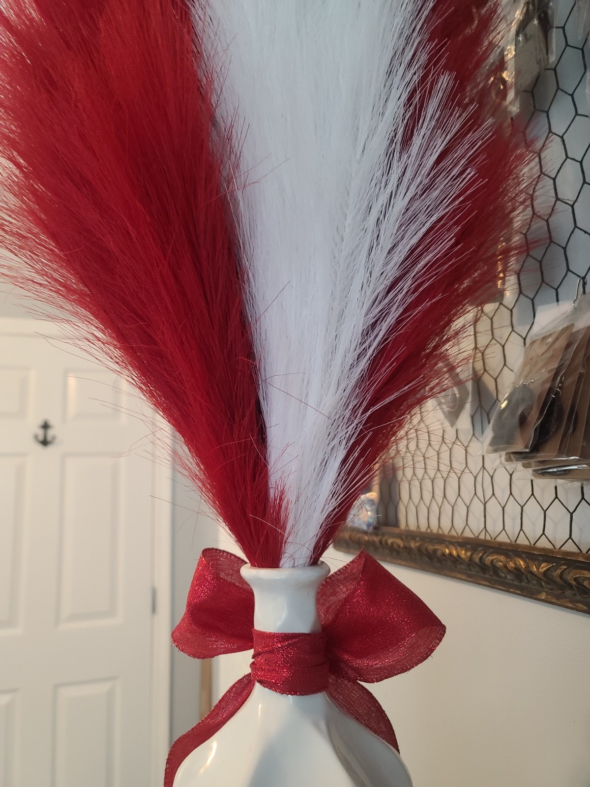 Red & White Christmas Pampas Arrangement in Ceramic Vase | 58″ Holiday Decor