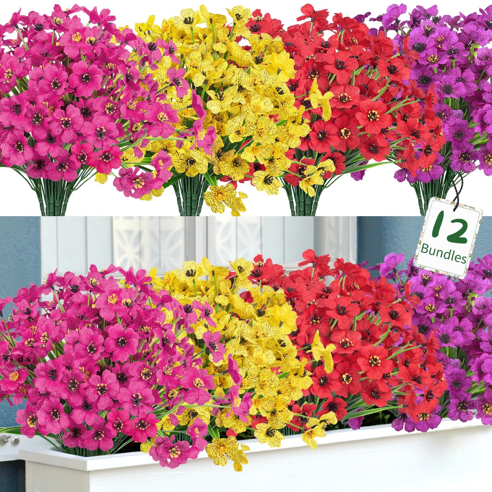 12 Bundles Artificial Flowers for Outdoors Decor, Multicolor