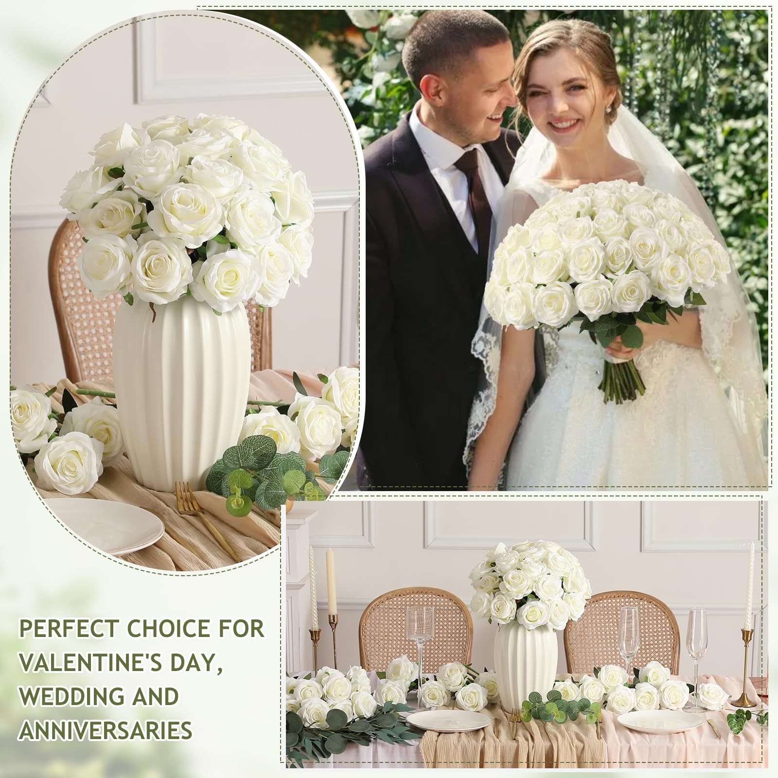 60 Pcs White Roses Artificial Flowers Bulk, Silk Roses with Stem Realistic Wh…