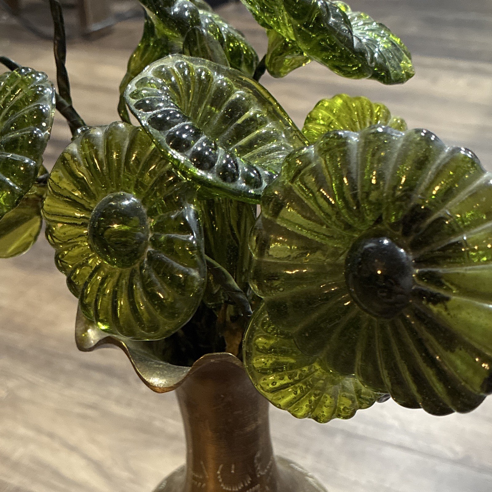 Vintage Mid-Century Murano Style Glass Flower Floral Stems – Avocado Green Rib 4
