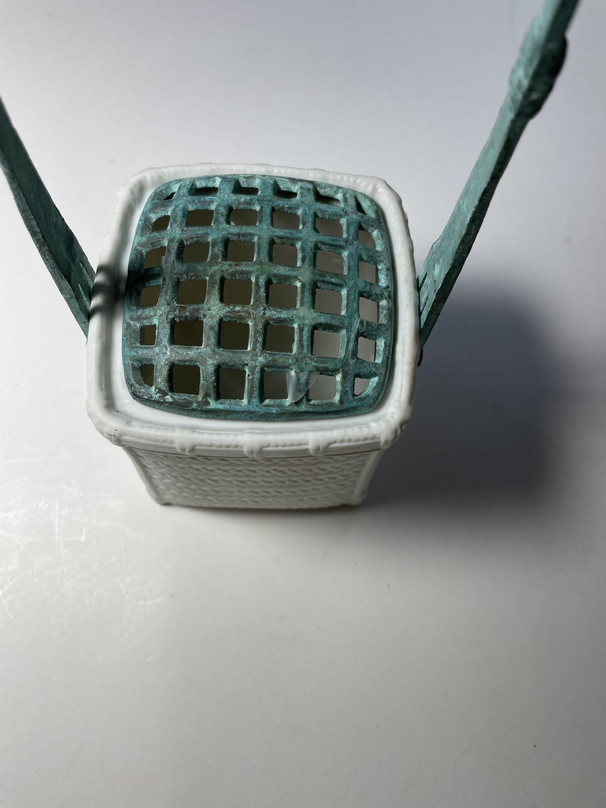 Department 56 Flower Arranger Basket Ceramic with Metal Handle Verdigris 11.5”