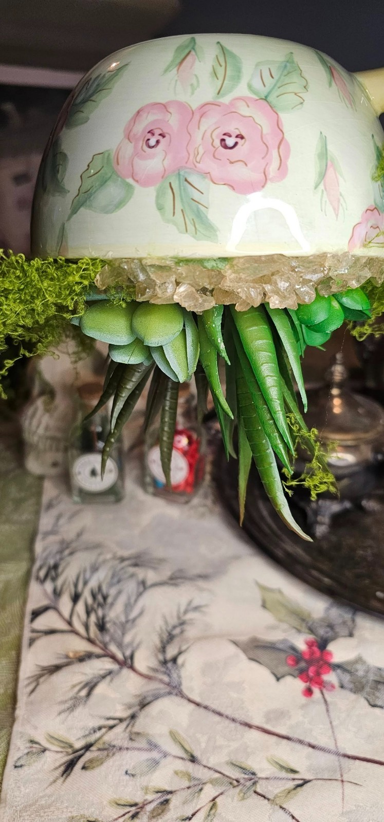 OOAK Upcycled DIY Succulent Tea Cup Fake Artificial Plant Decor Rose Quartz