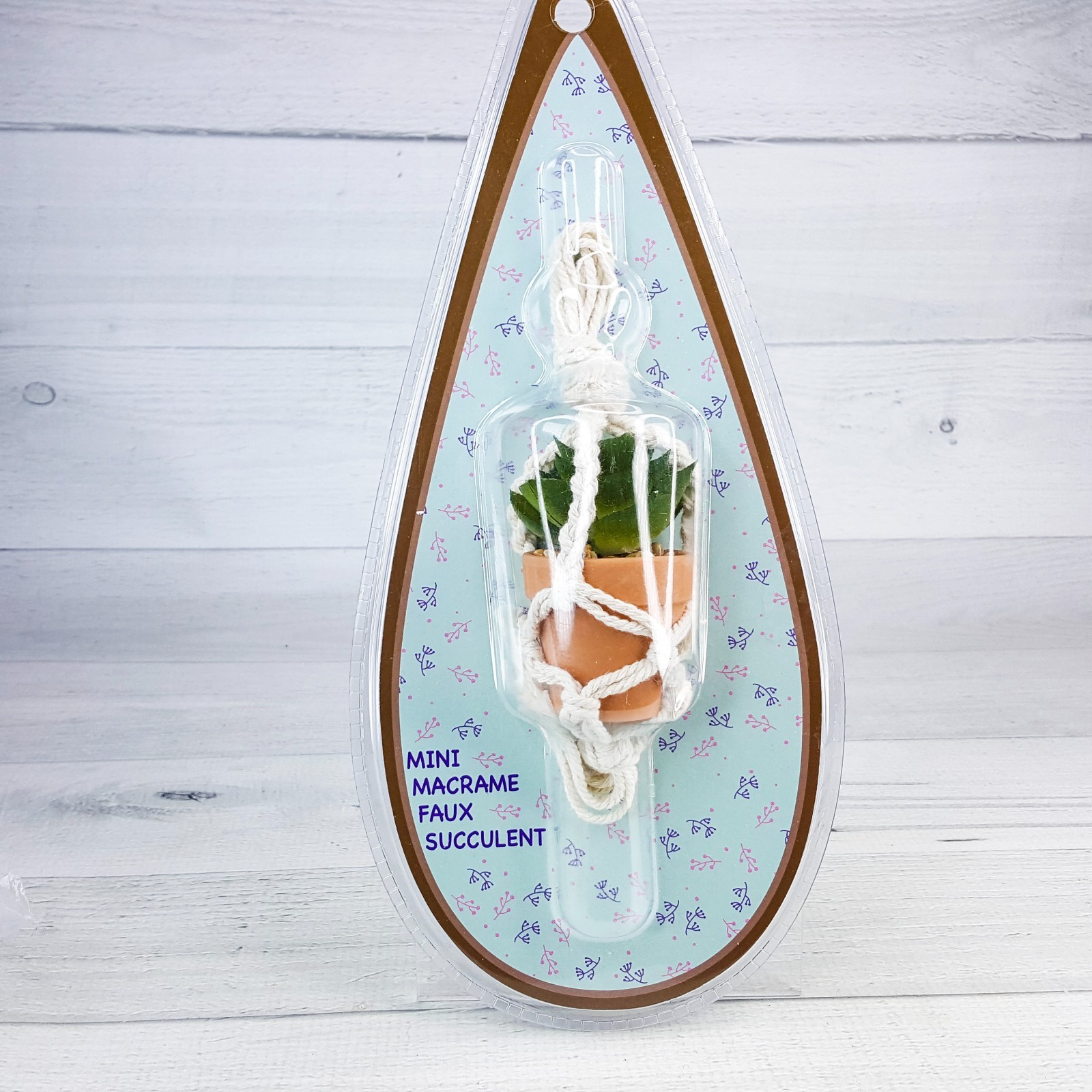 Mini Macrame 3″ Faux Succulent Hanging Plant w Holder Hanger Clay Pot NEW