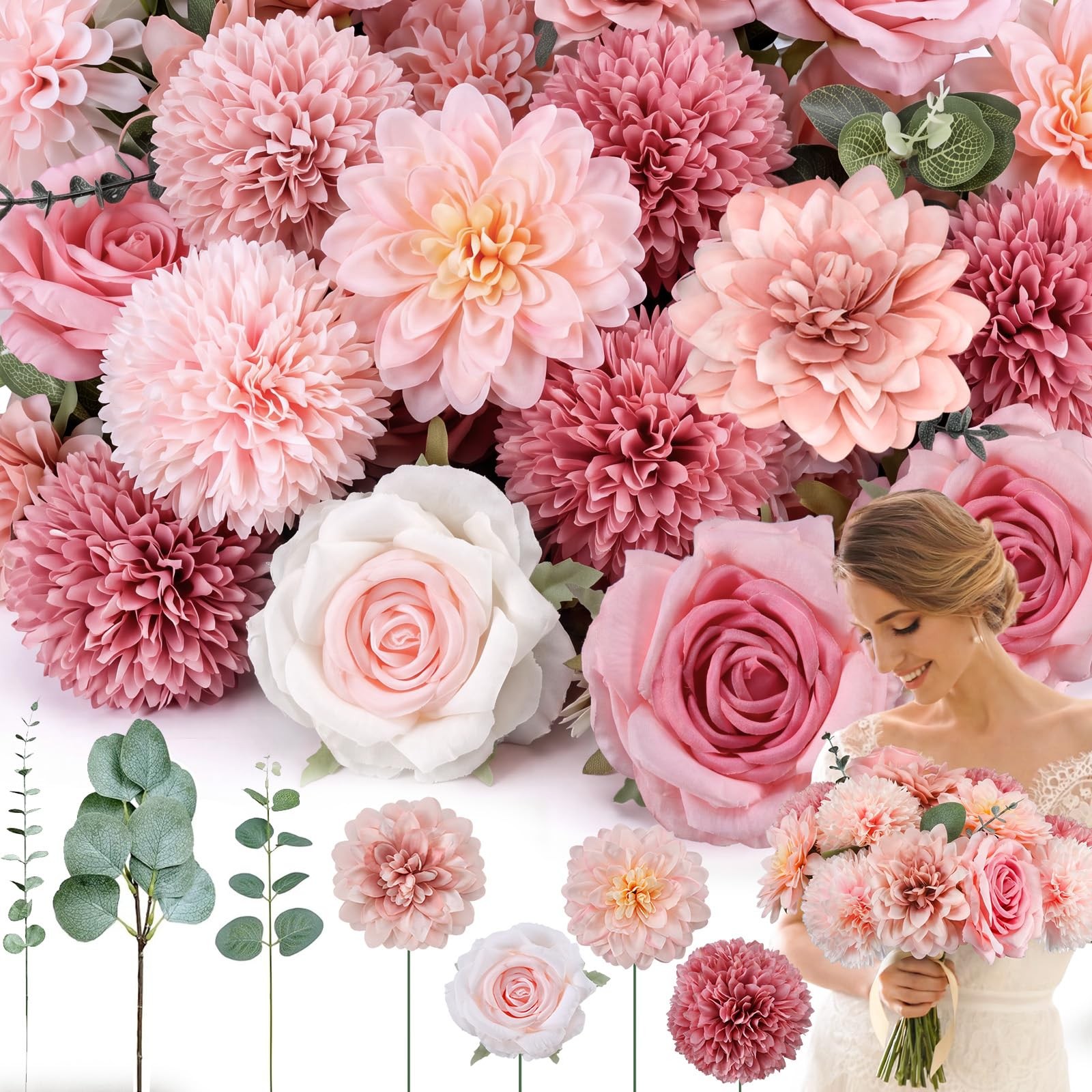 50 Pcs Fake Artificial Flowers with Stem Eucalyptus Leaves Silk Fake Flowers …