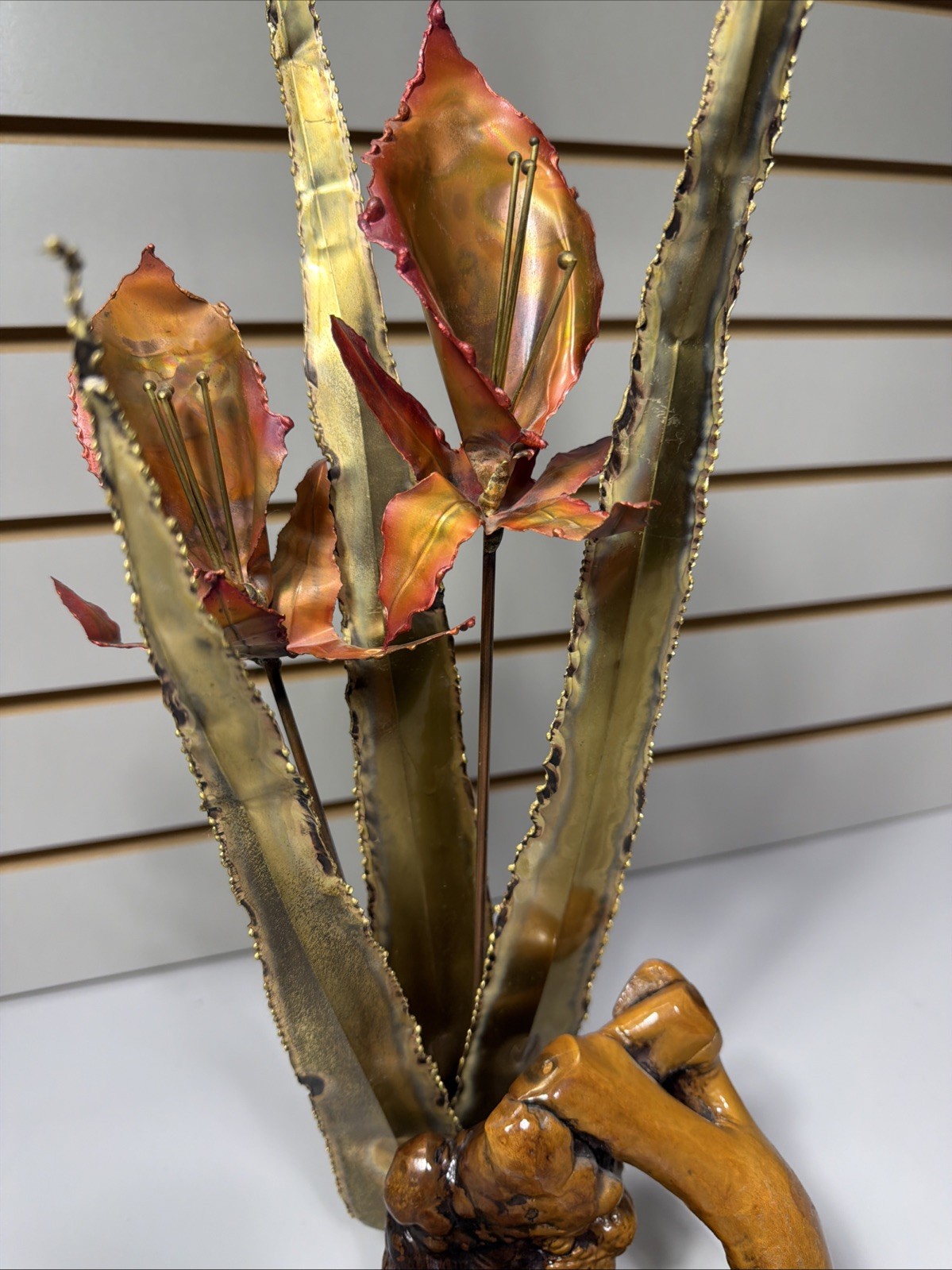 Brutalist Brass Copper Lilies On Burl Wood Stand Mid Century Vintage MCM Floral