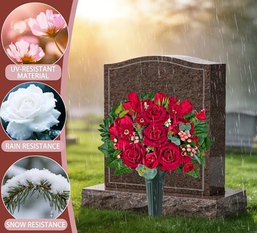 Artificial Cemetery Flowers with Vase – Realistic Red Roses & Tulips for Graves,