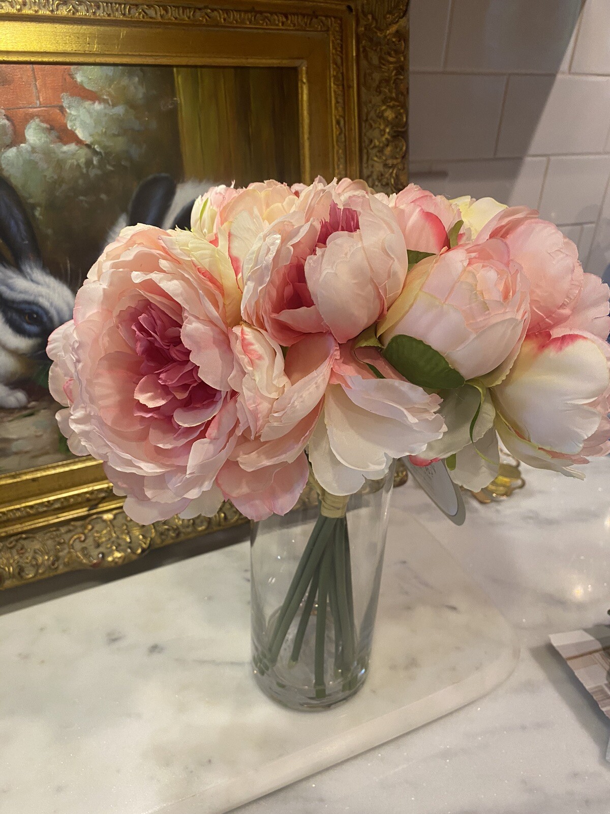 Peony In Glass Vase Full Bloom Arrangement Centerpiece Home Decor