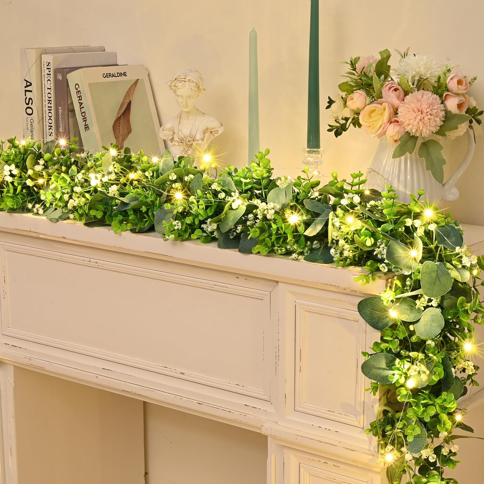 2Pcs Eucalyptus Garland with Lights, Greenery Garland, Green Garland with Flo…