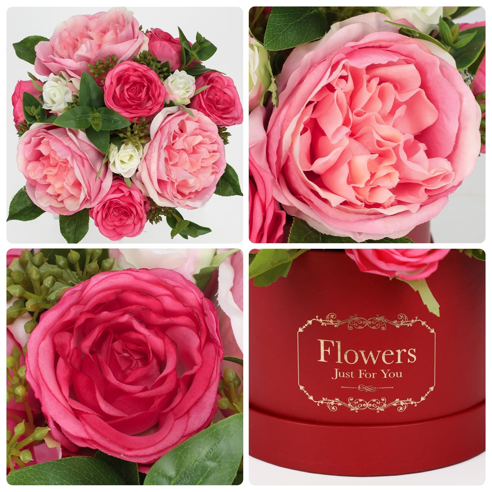 Red Pink Artificial Peonies Roses in Vase Round Gift Box Floral Arrangement