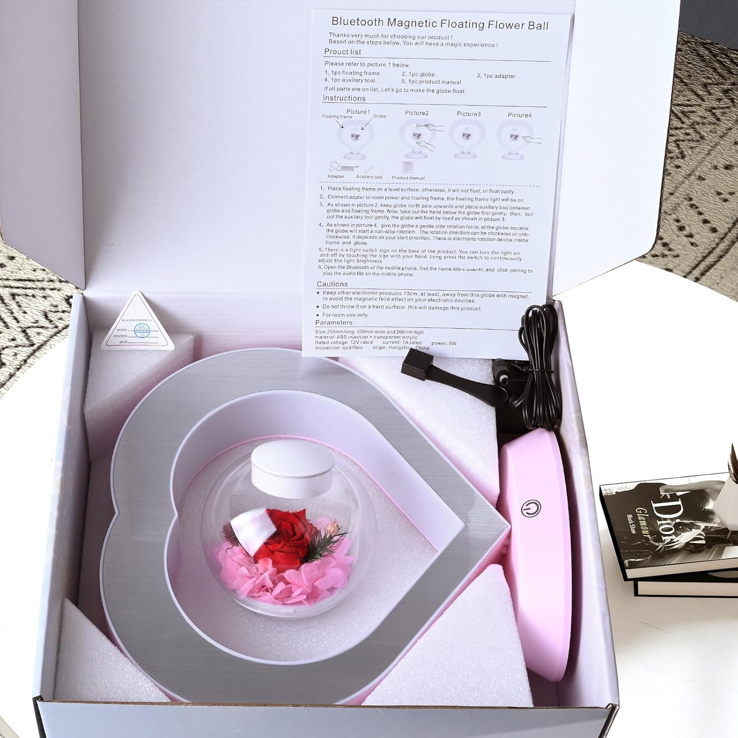 Heart Preserved Rose Flowers with Bluetooth Speakers, 5W Pink Magnetic Levitatio