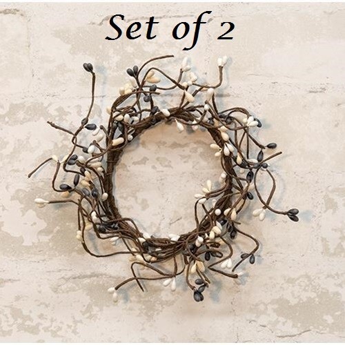 NEW Farmhouse Berry Wreath Candle Rings 2pc 3.5″ Gray Cream White Pips