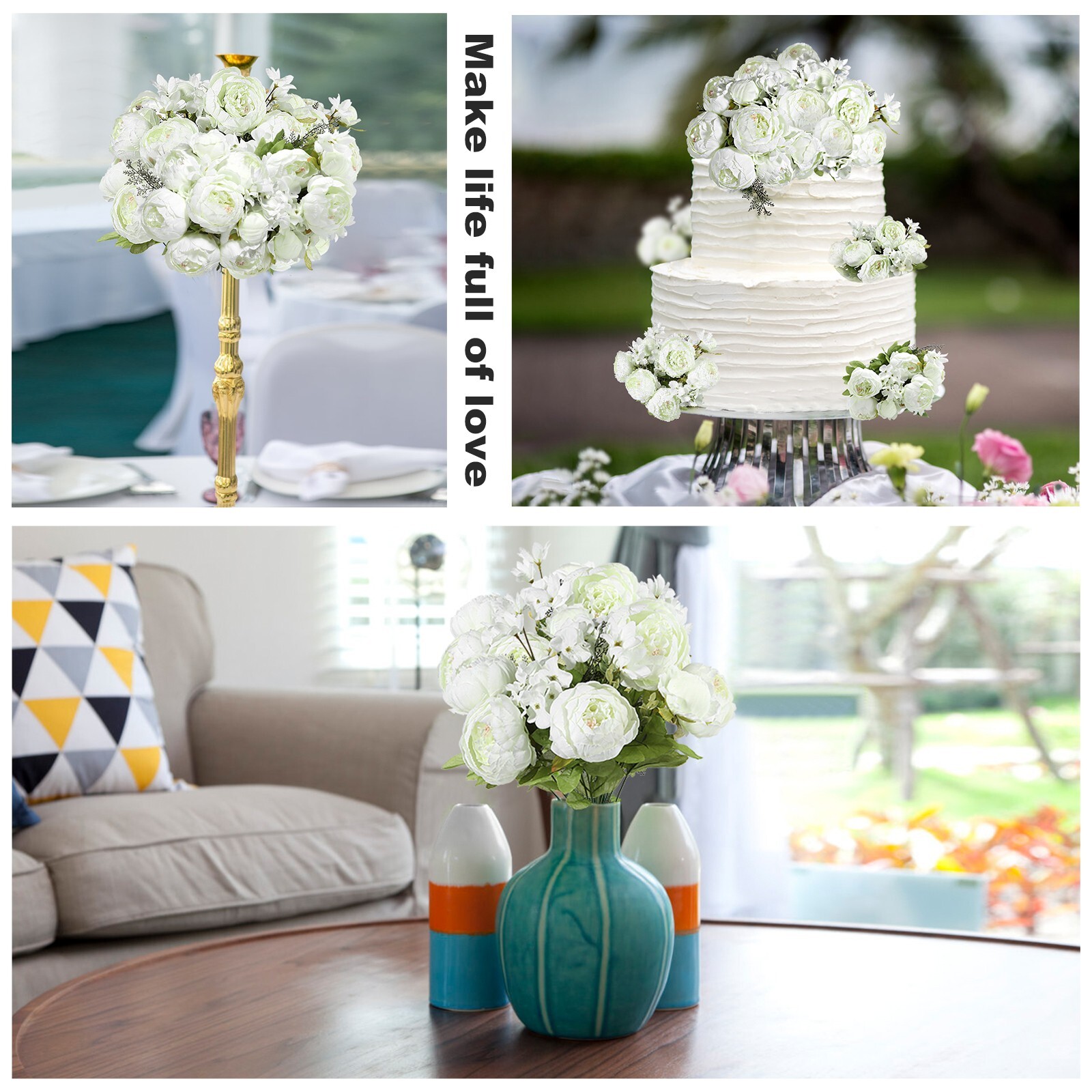 EZFLOWERY Artificial Peony Silk Flowers Arrangement Bouquet for Wedding – White