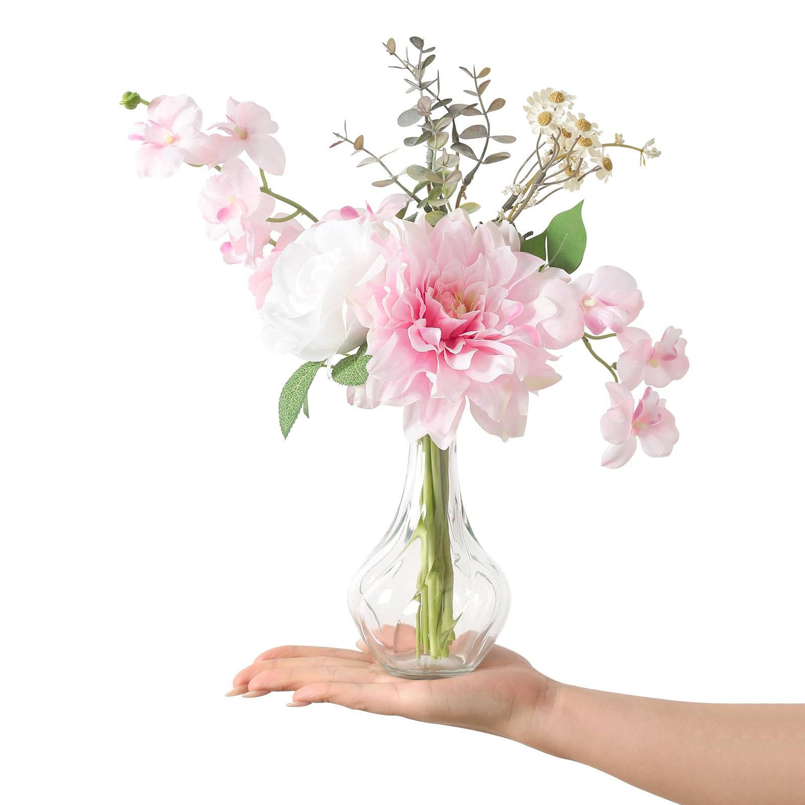 Faux Flowers Vase Small Artificial Silk Roses Fake Plant Eucalyptus Decor