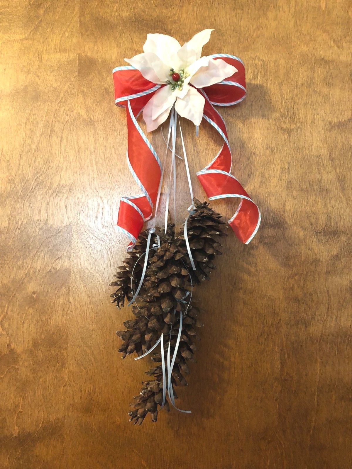 * Christmas Pinecone Tear Drop Door Swag Wreath White Poinsettia Red bow