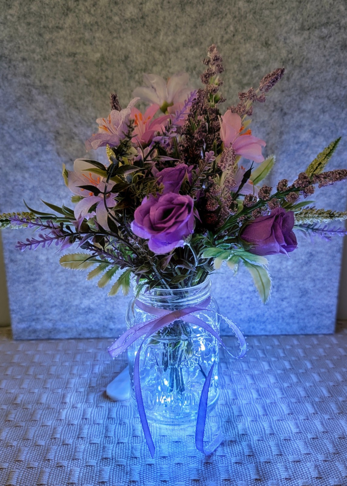 Purple Floral Arrangement, Mini Roses, Fressia, Lighted Mason Jar (Timer)