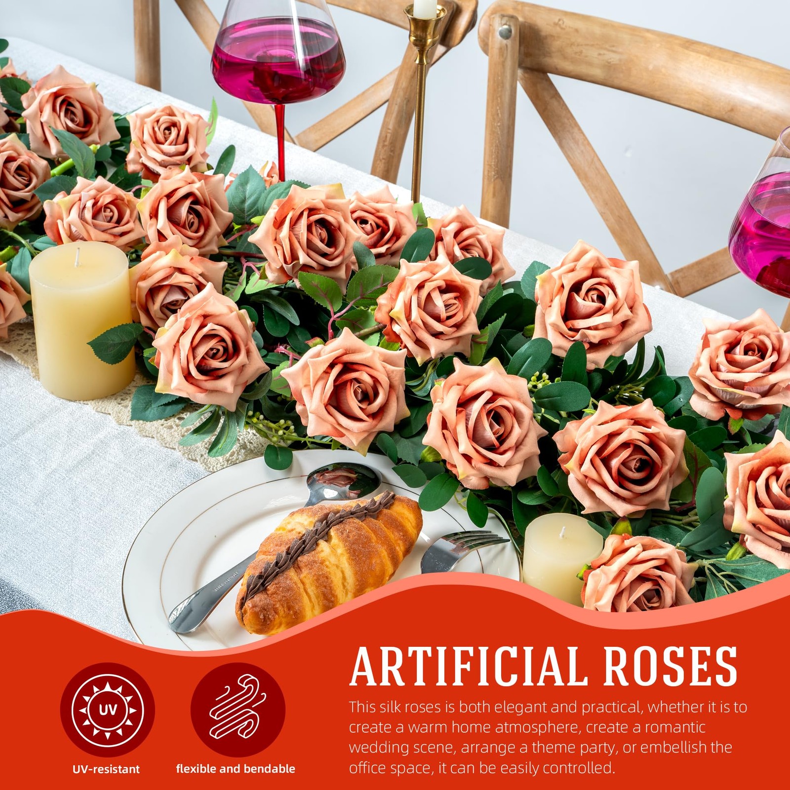 Fake Roses Faux Flowers Silk Roses 16.5In Artificial Roses with Stems Realist…