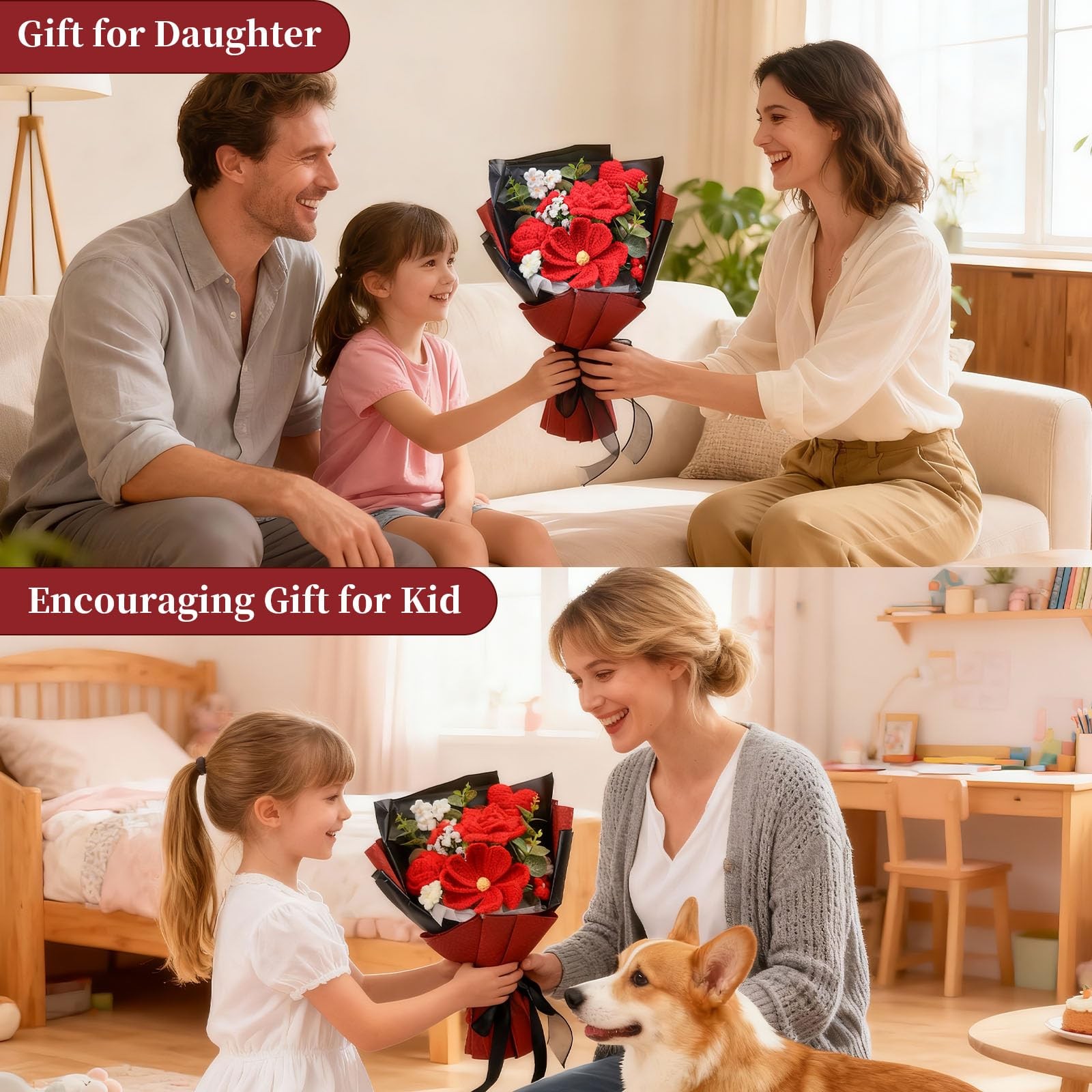 Handcrafted Black Red Knitted Crochet Tulip Galsang Flower Bouquet Fake Silk
