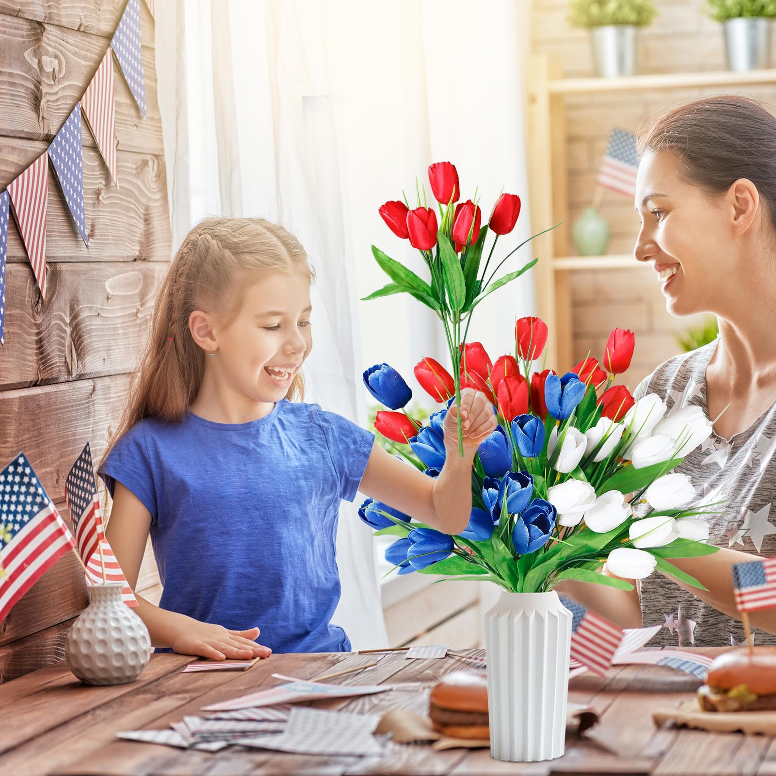 36 Pcs Patriotic Artificial Flowers Memorial Tulips Bouquet Fake Red White an…