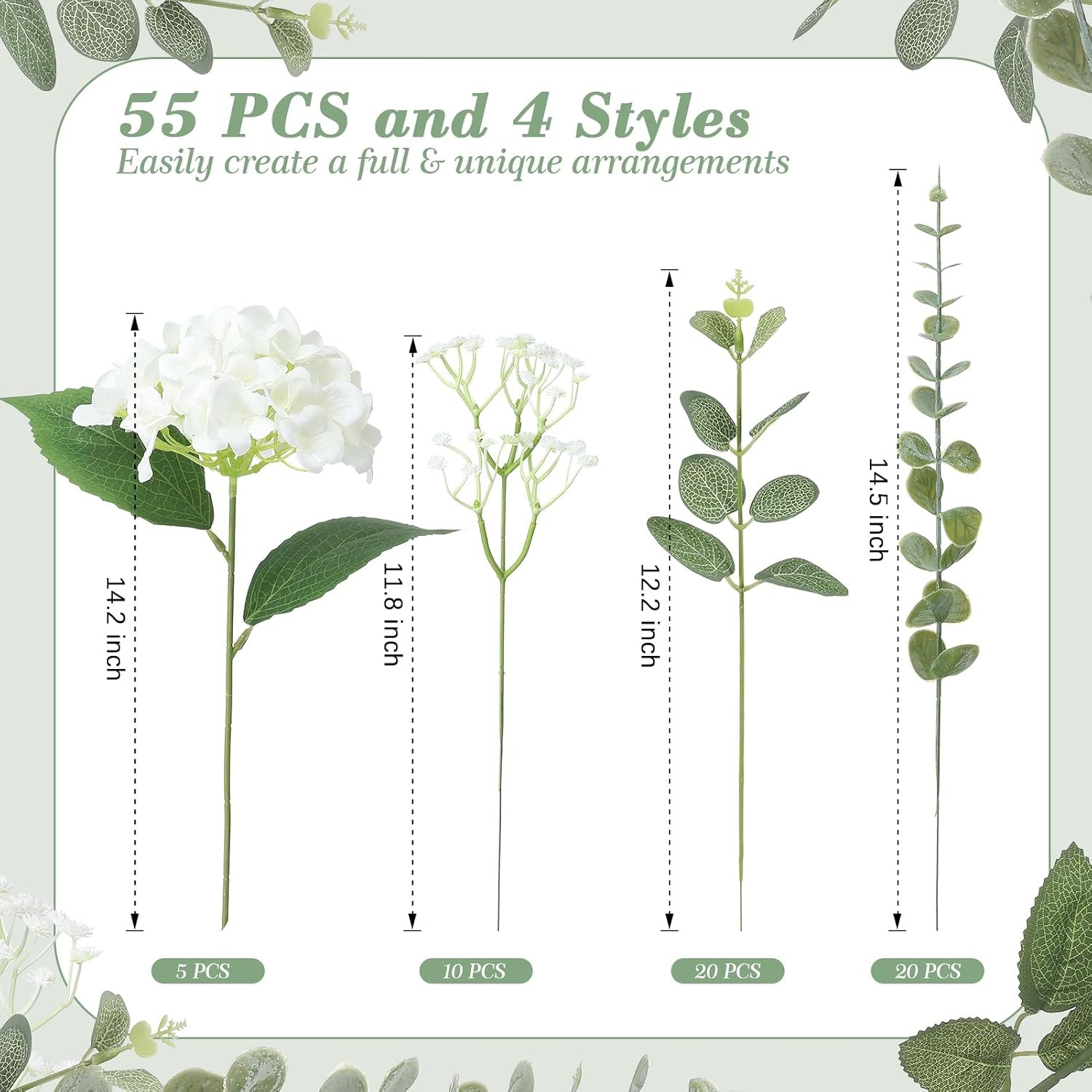 4 Kinds 55PCS Silk Hydrangea Artificial Flowers Eucalyptus Stems, Fake Flower