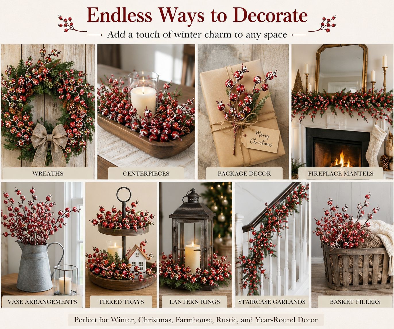 8 Frosted Red Berry Picks Winter Berry Stems Christmas Decor Faux Berry Branches