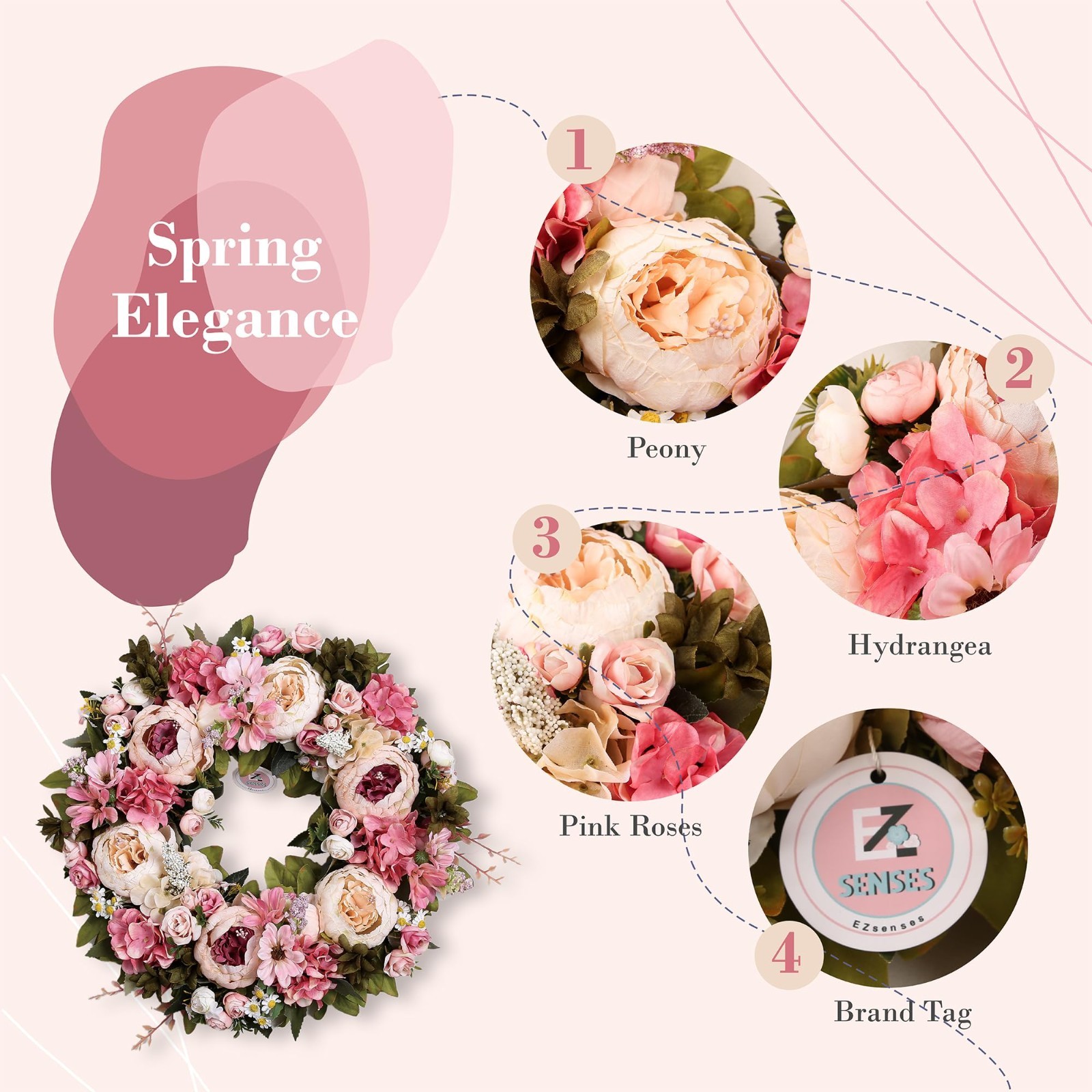 18″ Light Pink Peony Wreath – Spring Floral Door Decor, Wedding & Housewarming G