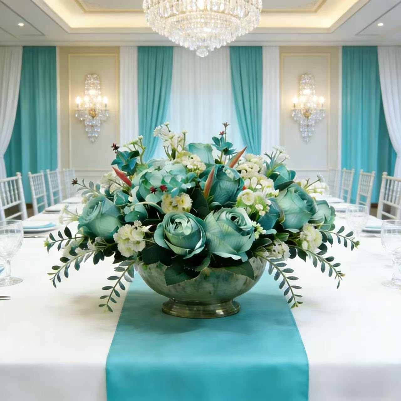 Turquoise Teal Blue Artificial Silk Rose Bouquet White Baby Breath Mixed